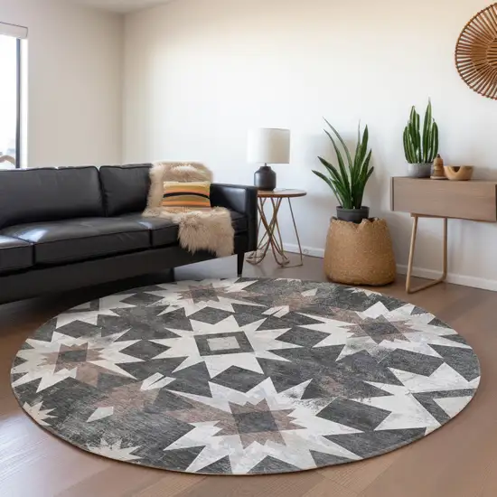 8' Graphite And Brown Round Aztec Washable Indoor Outdoor Area Rug Photo 6
