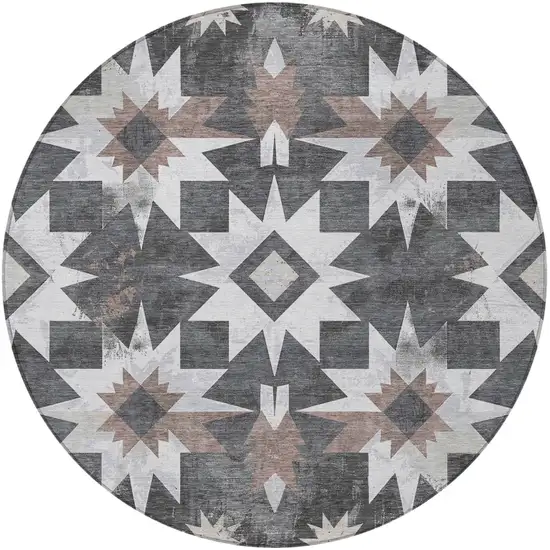 8' Graphite And Brown Round Aztec Washable Indoor Outdoor Area Rug Photo 3
