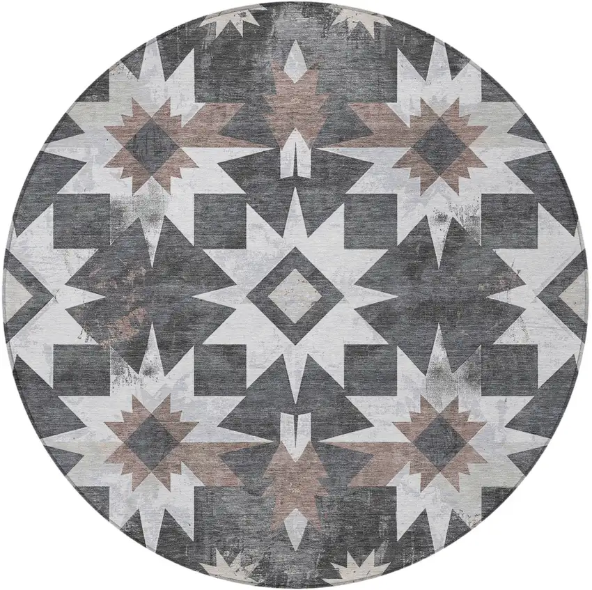 8' Graphite And Brown Round Aztec Washable Indoor Outdoor Area Rug Photo 3