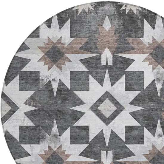 8' Graphite And Brown Round Aztec Washable Indoor Outdoor Area Rug Photo 8