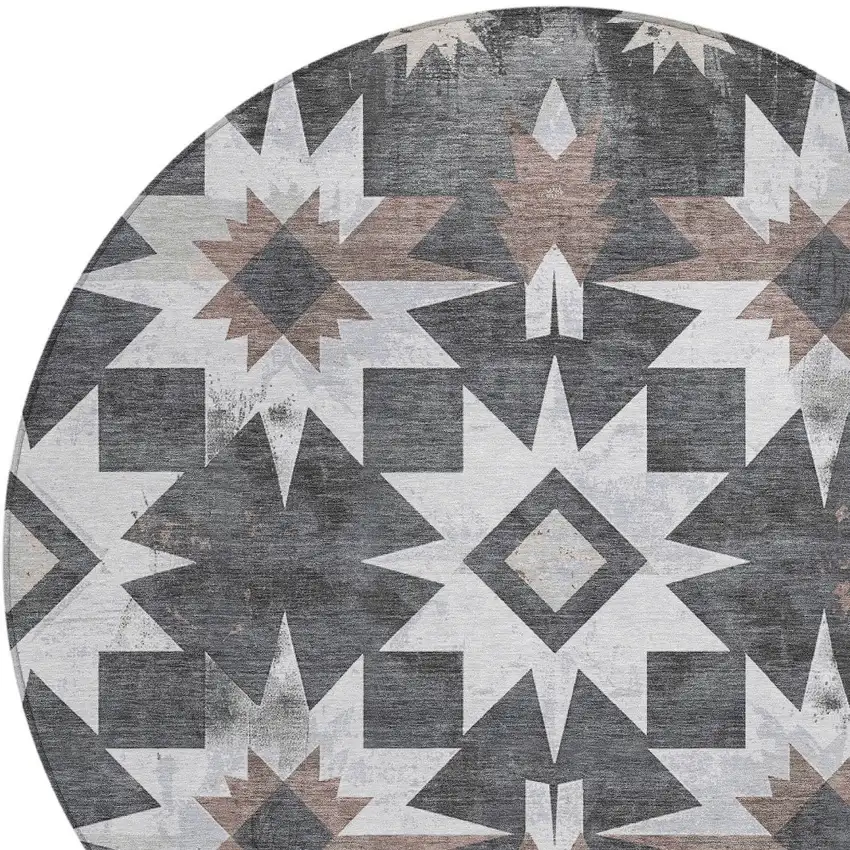 8' Graphite And Brown Round Aztec Washable Indoor Outdoor Area Rug Photo 8