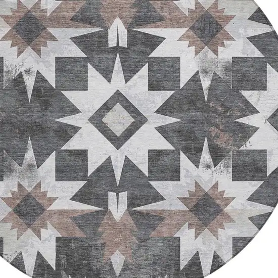 8' Graphite And Brown Round Aztec Washable Indoor Outdoor Area Rug Photo 4