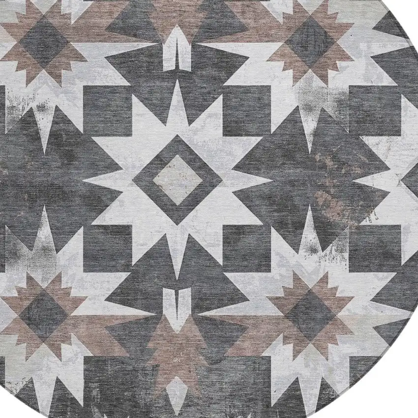 8' Graphite And Brown Round Aztec Washable Indoor Outdoor Area Rug Photo 4