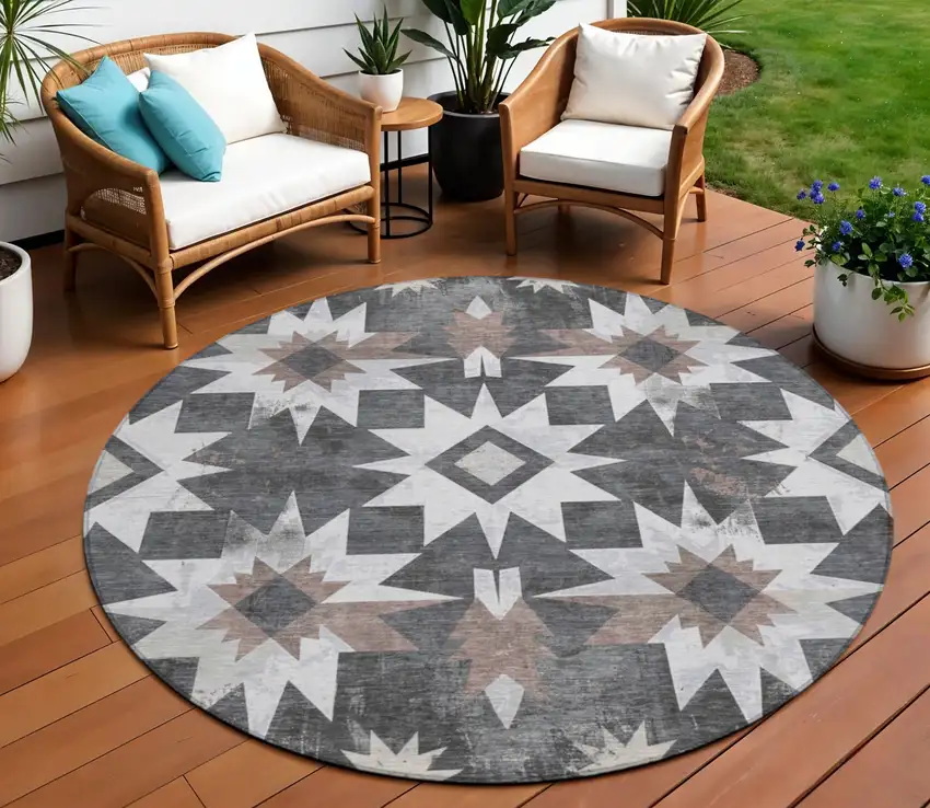 8' Graphite And Brown Round Aztec Washable Indoor Outdoor Area Rug Photo 2