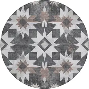 Photo of 8' Graphite And Brown Round Aztec Washable Indoor Outdoor Area Rug