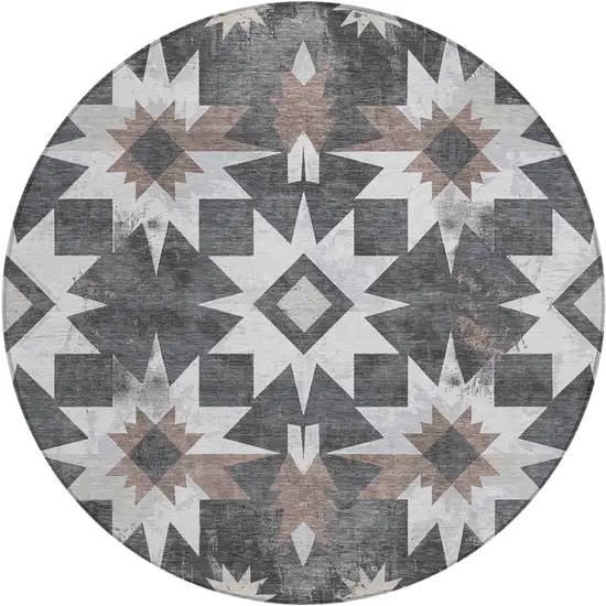 8' Graphite And Brown Round Aztec Washable Indoor Outdoor Area Rug Photo 1