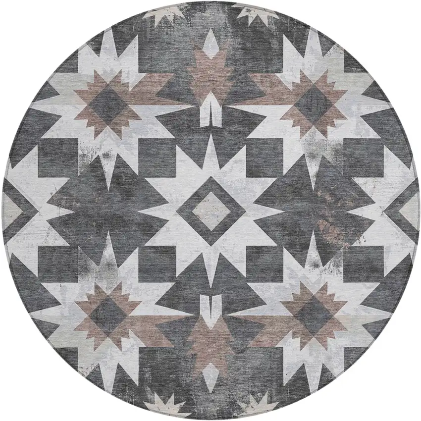 8' Graphite And Brown Round Aztec Washable Indoor Outdoor Area Rug Photo 1