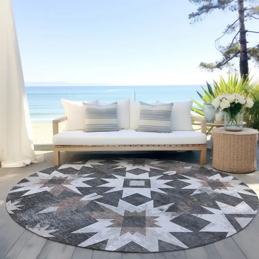 8' Graphite And Brown Round Aztec Washable Indoor Outdoor Area Rug Photo 5