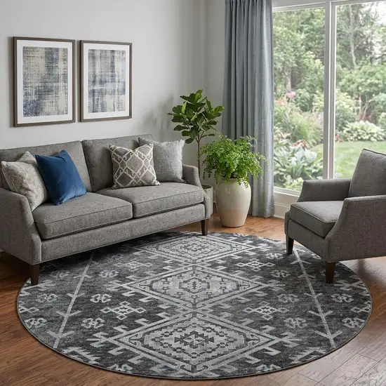 8' Graphite And Charcoal Diamond Distressed Washable Round Rug With UV Protection Photo 1