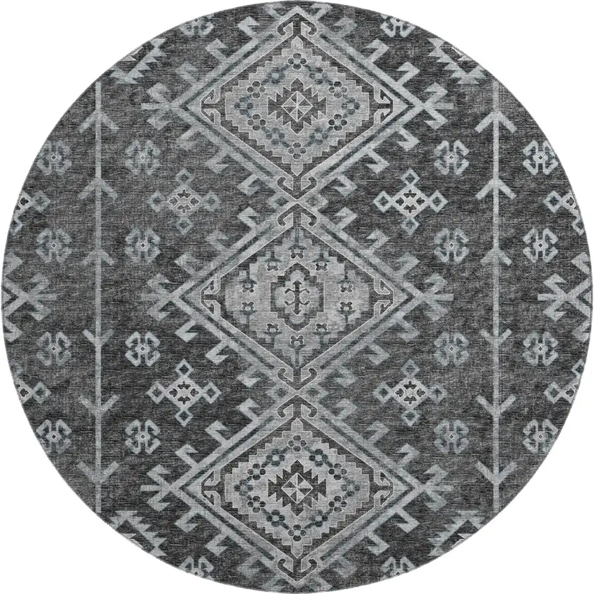 8' Graphite And Charcoal Geometric Washable Round Rug With UV Protection Photo 2