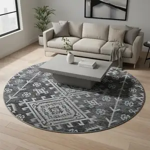 Photo of 8' Graphite And Charcoal Geometric Washable Round Rug With UV Protection