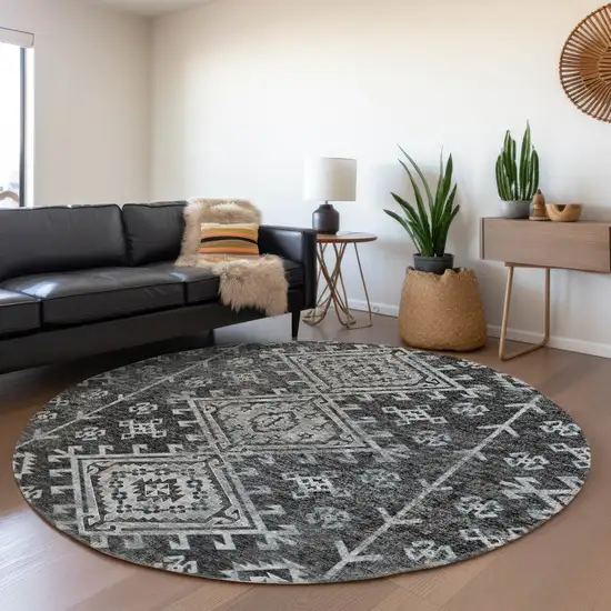 8' Graphite And Charcoal Geometric Washable Round Rug With UV Protection Photo 4