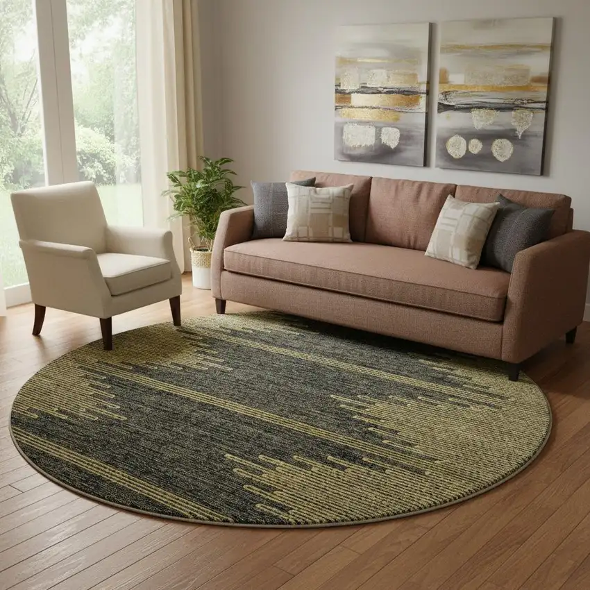 8' Graphite And Gold Abstract Washable Round Rug With UV Protection Photo 1