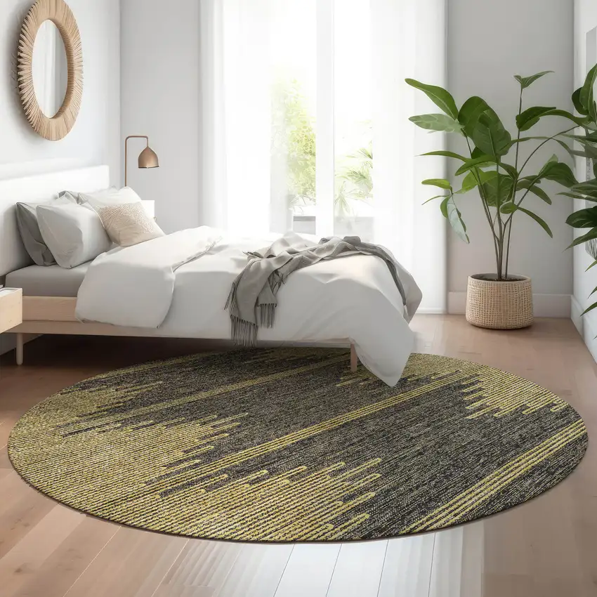 8' Graphite And Gold Abstract Washable Round Rug With UV Protection Photo 5