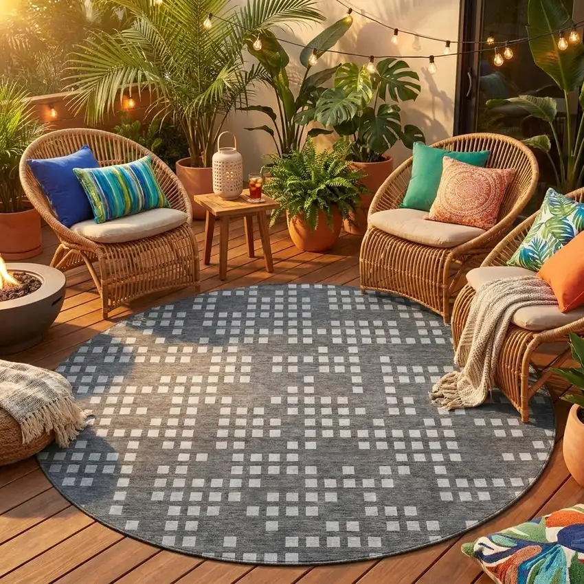 8' Graphite And Gray Round Abstract Washable Indoor Outdoor Area Rug Photo 1