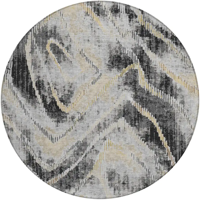8' Graphite And Gray Round Abstract Washable Indoor Outdoor Area Rug Photo 2