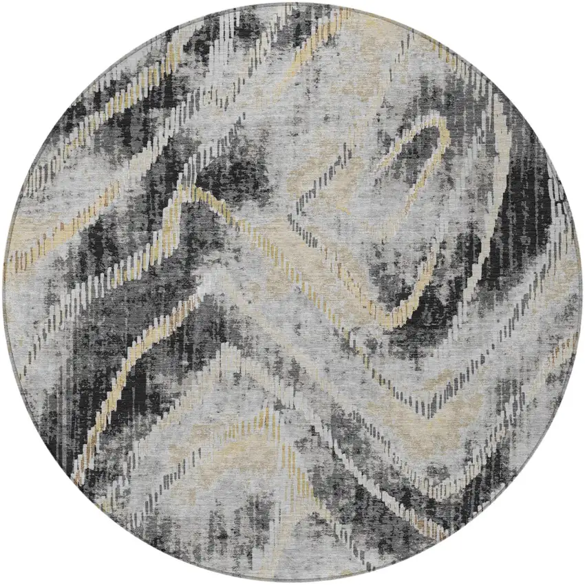 8' Graphite And Gray Round Abstract Washable Indoor Outdoor Area Rug Photo 3