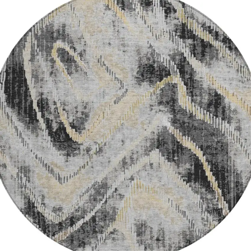 8' Graphite And Gray Round Abstract Washable Indoor Outdoor Area Rug Photo 1