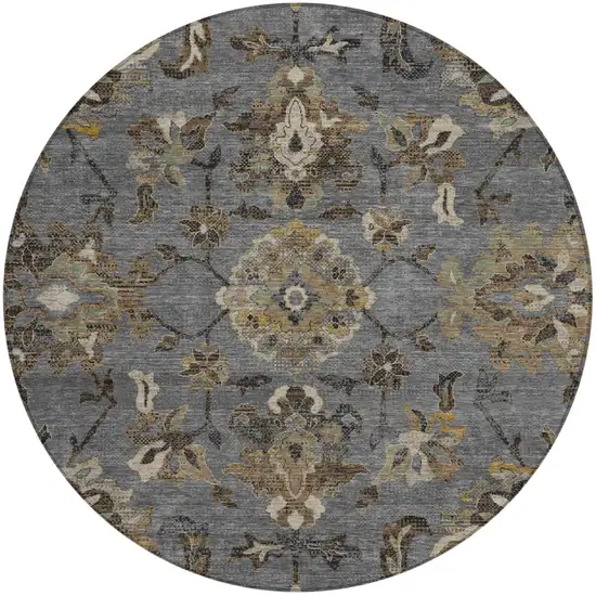 8' Graphite And Gray Round Floral Medallion Washable Indoor Outdoor Area Rug Photo 2