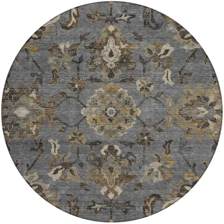 8' Graphite And Gray Round Floral Medallion Washable Indoor Outdoor Area Rug Photo 2