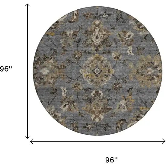 8' Graphite And Gray Round Floral Medallion Washable Indoor Outdoor Area Rug Photo 5