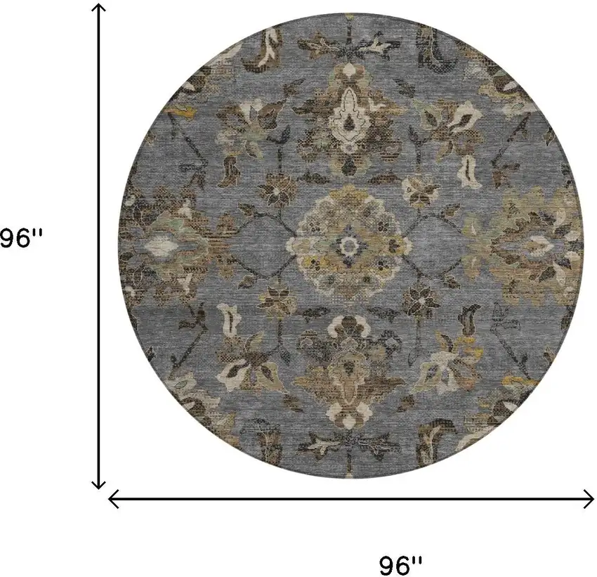 8' Graphite And Gray Round Floral Medallion Washable Indoor Outdoor Area Rug Photo 5
