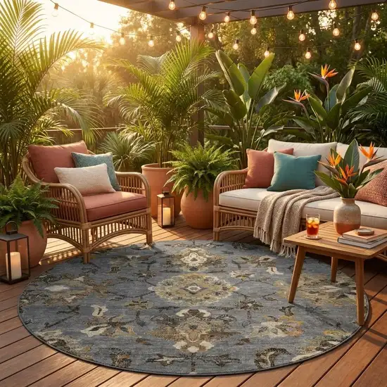 8' Graphite And Gray Round Floral Medallion Washable Indoor Outdoor Area Rug Photo 1