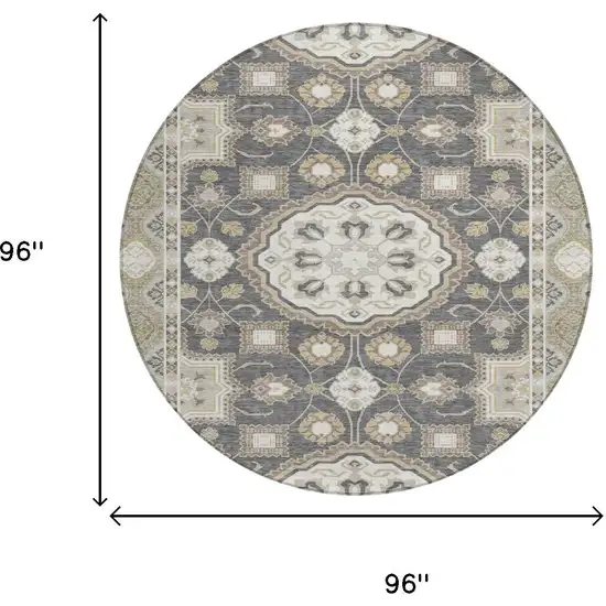 8' Graphite And Gray Round Floral Medallion Washable Indoor Outdoor Area Rug Photo 6