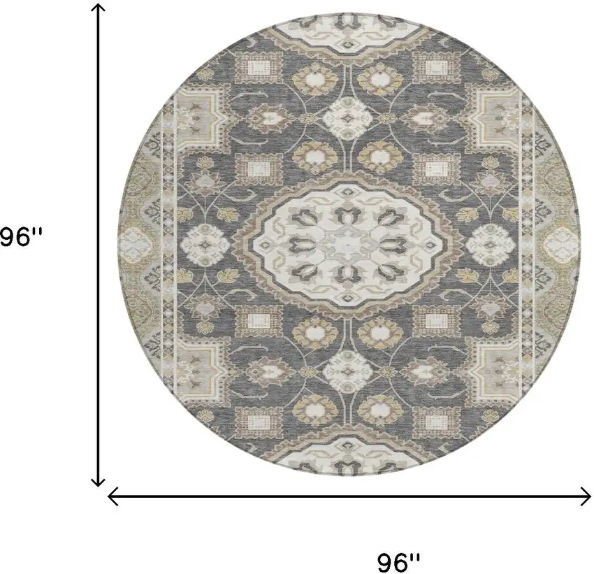 8' Graphite And Gray Round Floral Medallion Washable Indoor Outdoor Area Rug Photo 6