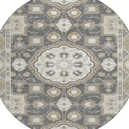 8' Graphite And Gray Round Floral Medallion Washable Indoor Outdoor Area Rug Photo 3