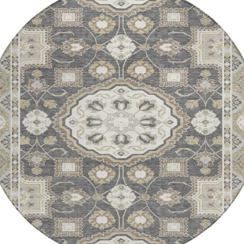 8' Graphite And Gray Round Floral Medallion Washable Indoor Outdoor Area Rug Photo 3