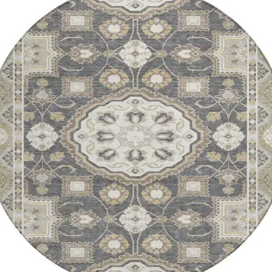 8' Graphite And Gray Round Floral Medallion Washable Indoor Outdoor Area Rug Photo 2