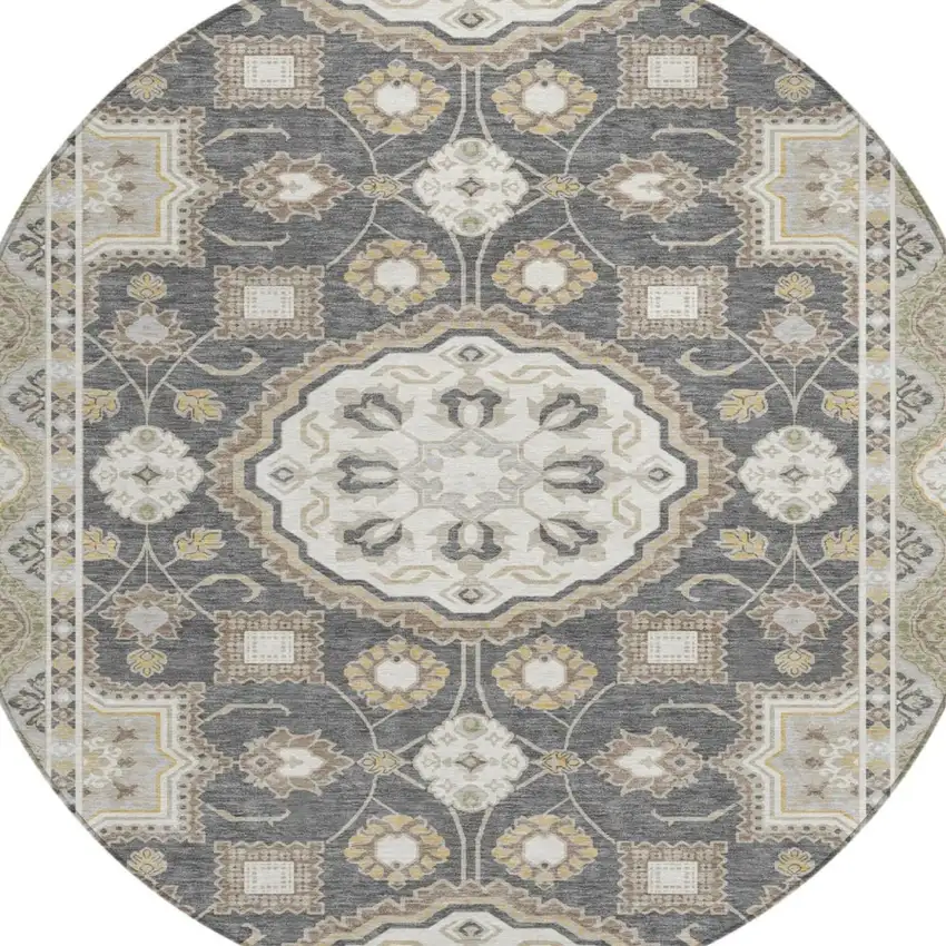 8' Graphite And Gray Round Floral Medallion Washable Indoor Outdoor Area Rug Photo 2