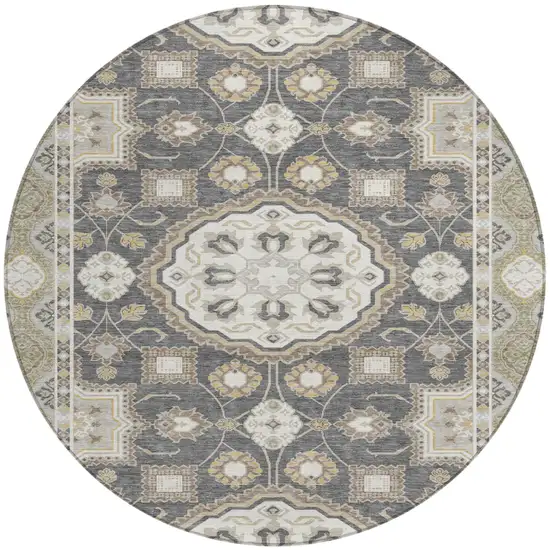 8' Graphite And Gray Round Floral Medallion Washable Indoor Outdoor Area Rug Photo 1