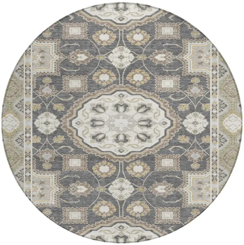 8' Graphite And Gray Round Floral Medallion Washable Indoor Outdoor Area Rug Photo 1