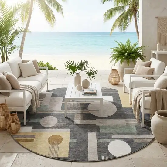 8' Graphite And Gray Round Geometric Washable Indoor Outdoor Area Rug Photo 1