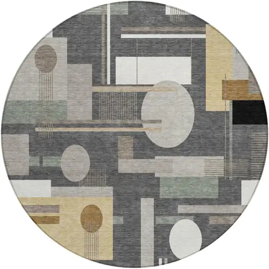 8' Graphite And Gray Round Geometric Washable Indoor Outdoor Area Rug Photo 2