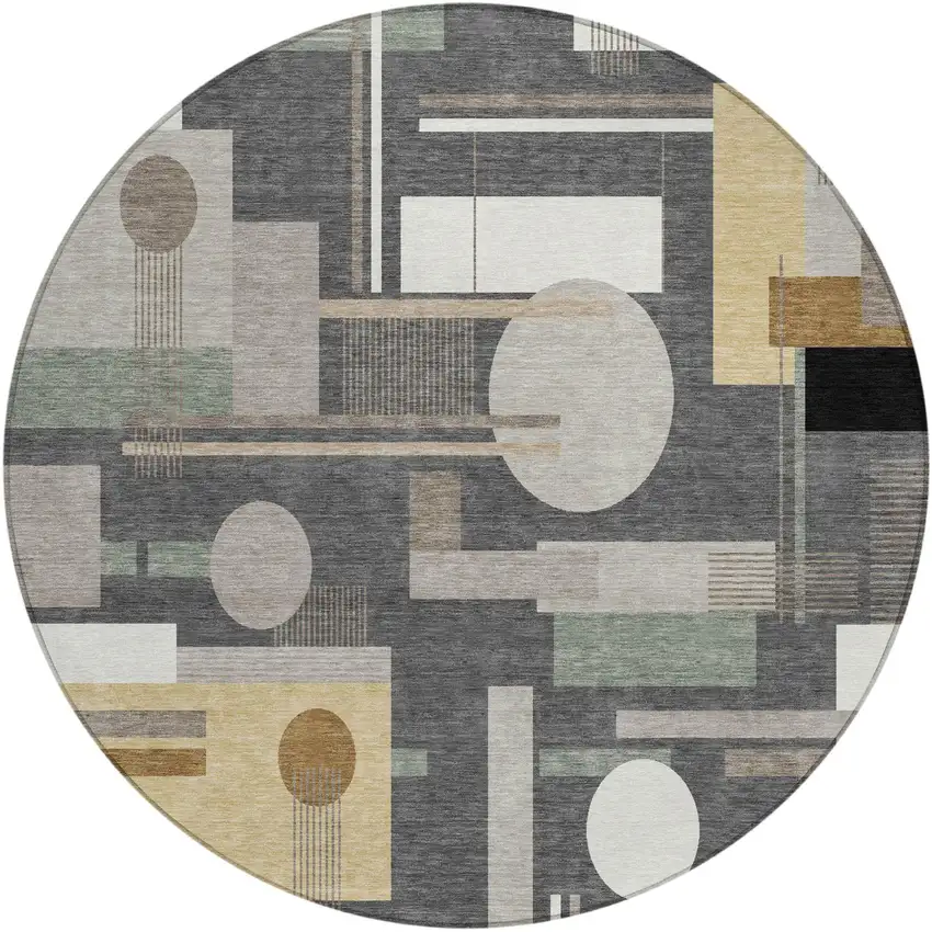 8' Graphite And Gray Round Geometric Washable Indoor Outdoor Area Rug Photo 2