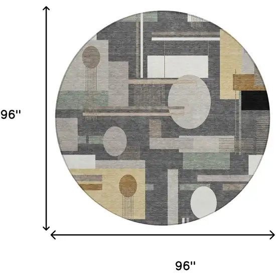8' Graphite And Gray Round Geometric Washable Indoor Outdoor Area Rug Photo 5