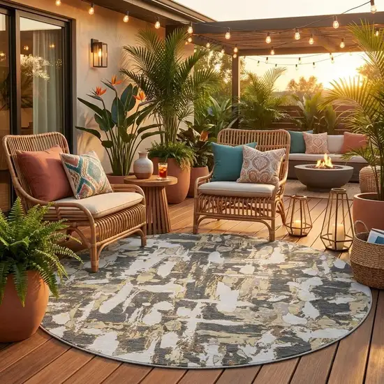 8' Graphite And Ivory Round Abstract Washable Indoor Outdoor Area Rug Photo 1