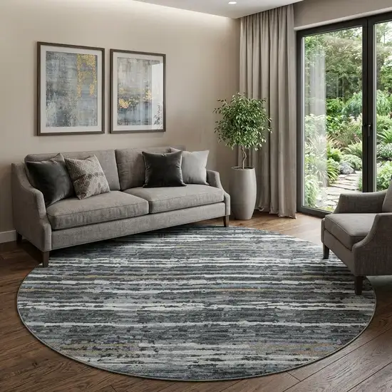 8' Graphite And Ivory Striped Distressed Washable Round Rug With UV Protection Photo 1