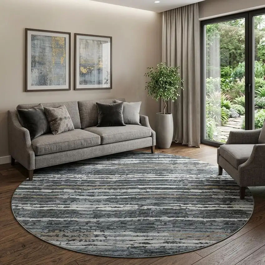 8' Graphite And Ivory Striped Distressed Washable Round Rug With UV Protection Photo 1