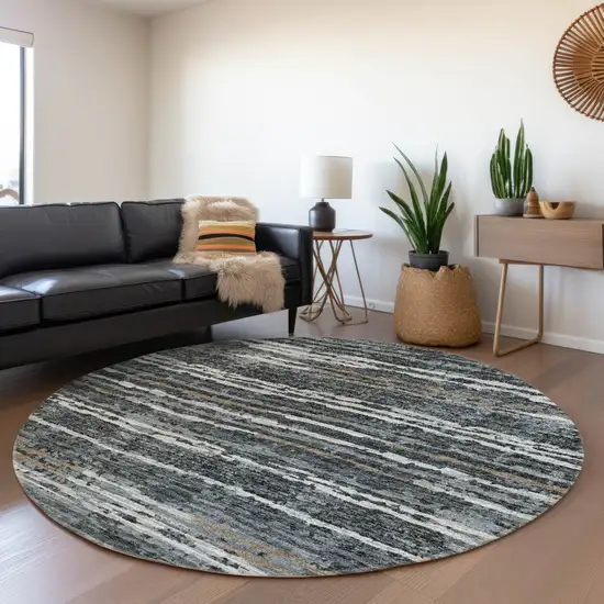8' Graphite And Ivory Striped Washable Round Rug With UV Protection Photo 4