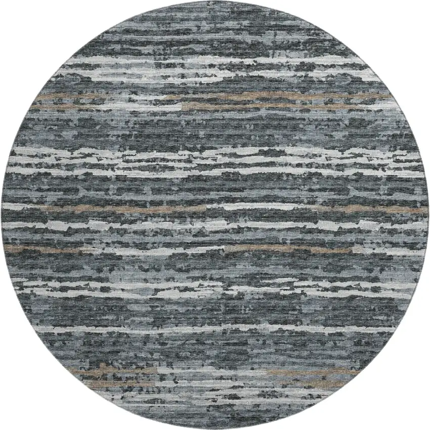 8' Graphite And Ivory Striped Washable Round Rug With UV Protection Photo 2