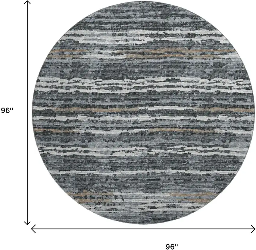 8' Graphite And Ivory Striped Washable Round Rug With UV Protection Photo 3