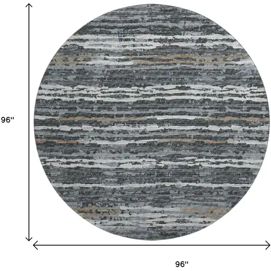 8' Graphite And Ivory Striped Washable Round Rug With UV Protection Photo 3