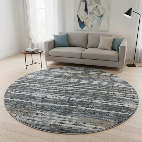 8' Graphite And Ivory Striped Washable Round Rug With UV Protection Photo 1