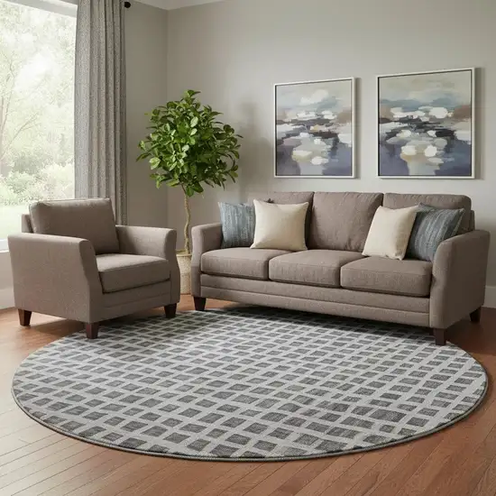 8' Graphite And Silver Geometric Washable Round Rug With UV Protection Photo 1