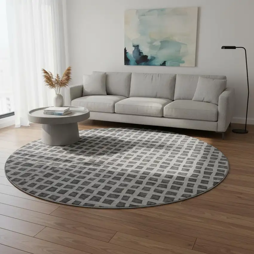 8' Graphite And Silver Geometric Washable Round Rug With UV Protection Photo 2