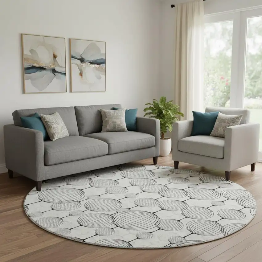 8' Graphite And Silver Geometric Washable Round Rug With UV Protection Photo 1